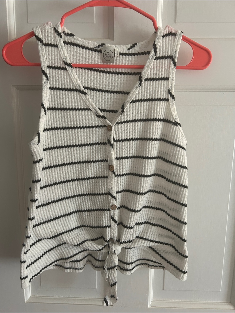 Paper Crane White and Black Striped V-Neck Tie-Front Tank